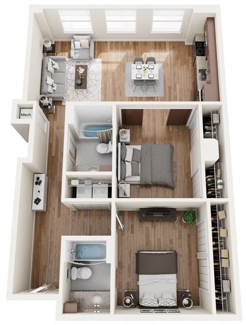 Floor plan for 2 beds, 2 baths, 975 sqft